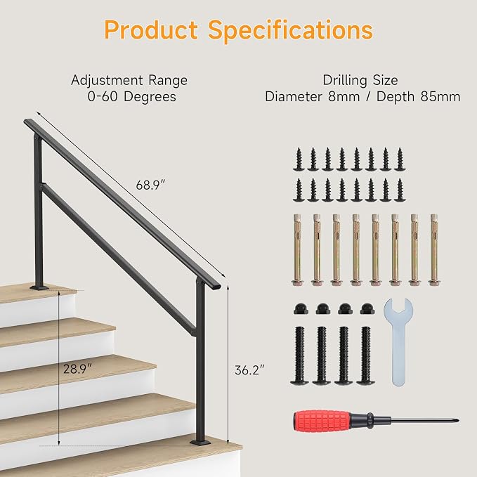 Hand Rails for Outdoor Steps 2-5 Steps Wrought Iron Handrails | Stair Railing for Porch, Home, Garden, Indoor, Staircase Handrails for Wooden, Cement, Brick, Marble (5 Steps)