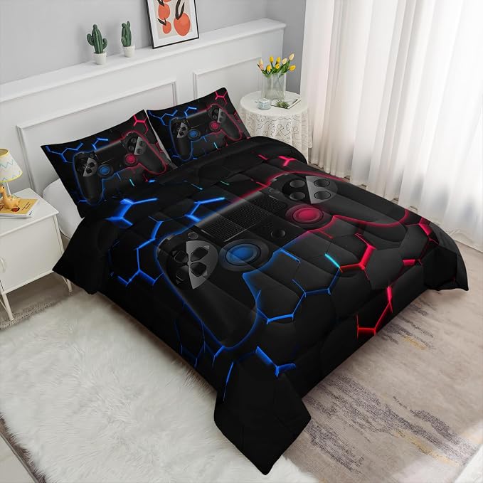 Axolotl Gamer Comforter Set King Size,Geometric Honeycomb Gaming Bedding,Video Games Comforter,3 Piece Game Console Print Bedding Set for Kids Boys Girls Teens,1 Duvet 2 Pillowcases,Blue Red