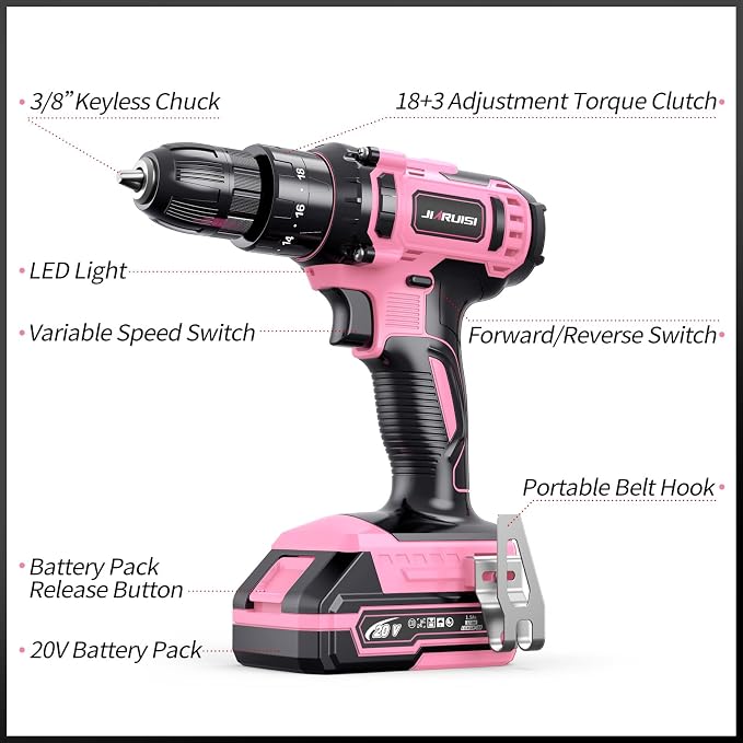 20V Cordless Drill, Electric Power Drill Set with Battery Charger and Carrying Case, 3/8” Keyless Chuck, 2 Variable Speed, 18+3 Torque, 72pcs Driver Bits and Belt Hook, Pink