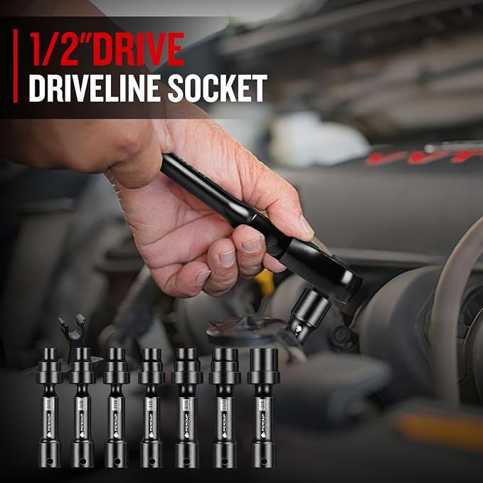 7-Piece 1/2'' Drive Driveline Limited Clearance Socket Set, 12-Point SAE Impact Swivel Socket Set, Cr-Mo Steel with Storage Case for Automotive & Industrial