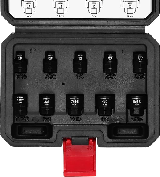 EMENTOL 13-Piece 1/4" Drive Stubby Impact Socket Set, Metric | 4mm -15mm Low Profile Sockets, 12mm Base Hex, CR-MO, Compact Design for Tight Access