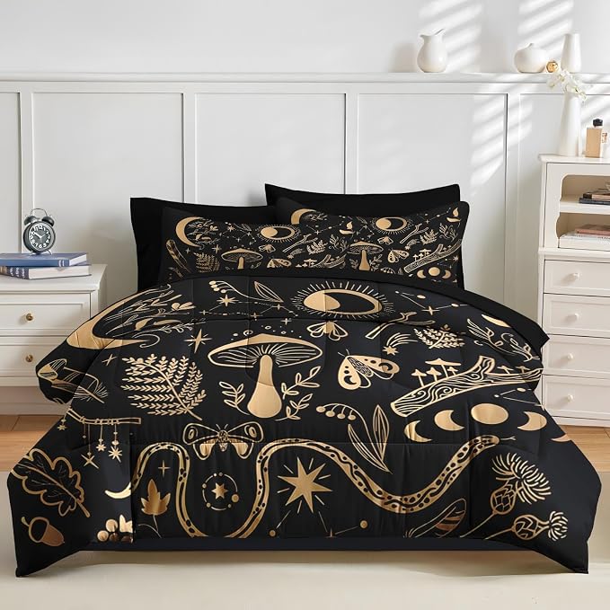 Nesker Comforter Set Twin Size, Golden Mushroom Moon 5 Pcs Bedding for Kids and Adults, Moth Vintage Gold Bed Sheet Sets with Fitted Sheet Pillowcase & Sham