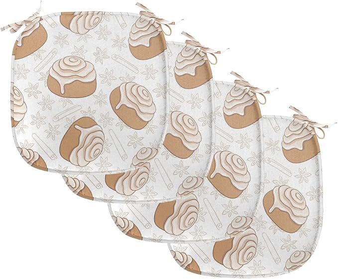 Lunarable Cinnamon Chair Seating Cushion Set of 4, Floral Pattern with Floating Tasty Rolls Dessert Bakery Themed Pattern, Anti-Slip Seat Padding for Kitchen & Patio, 16"x16", Sand Brown Champagne