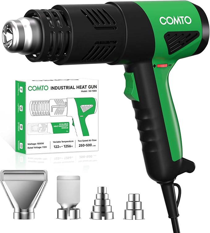Heat Gun 1800W Fast Heating 122℉-1202℉ Heavy Duty Hot Air Gun Variable Temperature Control Overheat Protection 2 Speed Air Flow with 4 Nozzles for Crafts, Shrinking Tubing, Vinyl Wrap (SG-1004)