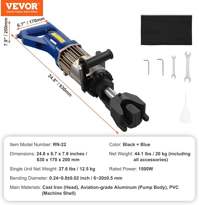 VEVOR Electric Hydraulic Rebar Bender, 1500W Portable Rebar Bending Machine, Bending up to 3/4 Inch #6 (6-20mm) within 4 Seconds, High Power Steel Rebar Bender w/Tool Case Oil Can,Black Blue RN-22