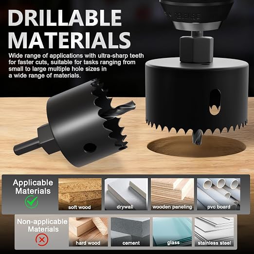 14PCS Hole Saw Kit (3/4" to 3"|19-76mm) with Mandrel & Accessories Cutter for Soft Wood, PVC Board & Home Projects