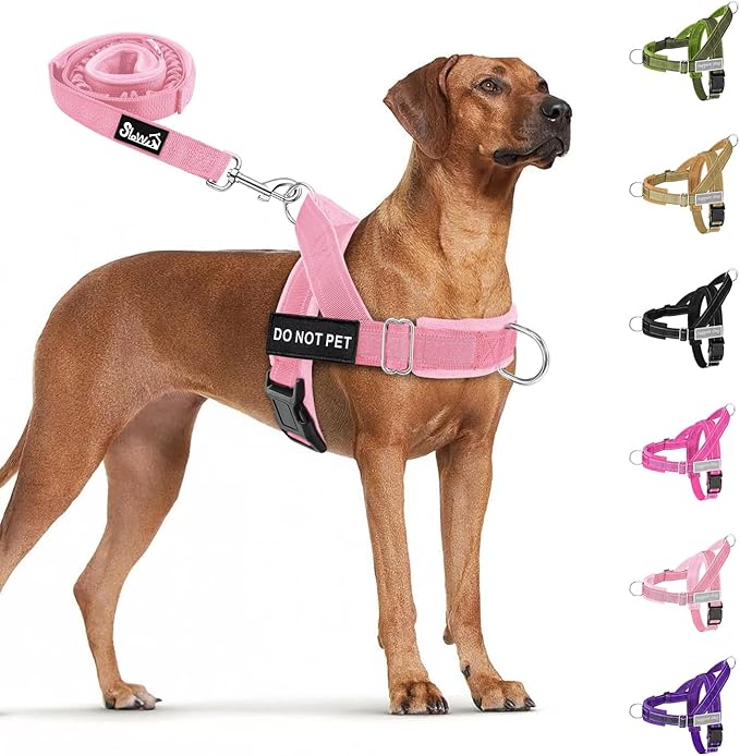 SlowTon No Pull Dog Harness with Front Clip - Heavy Duty, Soft Padded | Neck & Chest Adjustable, Tactical Pet Vest and Leash Set for Large Medium Sized Dogs, for Easy Walk & Training, Pink XL