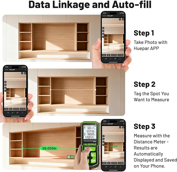 Laser Measuring Tool with Bluetooth APP, 200ft, ±1/16" High Accuracy, Huepar Rechargeable Green Beam Laser Distance Meter Multiple Measurement Modes, IP54 Durable for Home & Construction