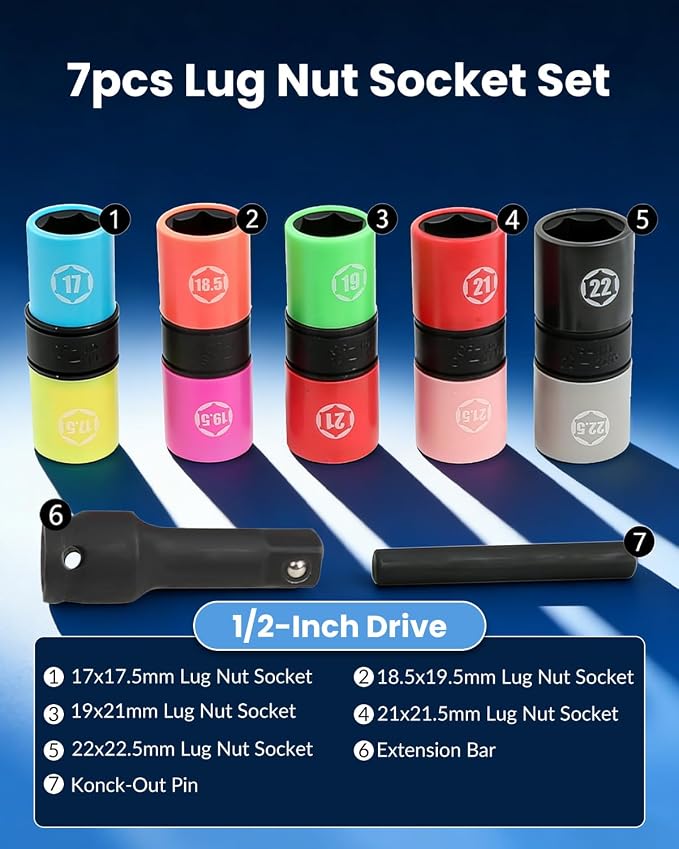 DPTOOL Half Size Lug Nut Socket Set 1/2” Drive Impact Flip Socket Set | Metric 6 Point Non-Marring Thin Wall Double Ended Wheel Lug Nut Socket for Removal of Swollen, Dented and Deformed Lug Nuts