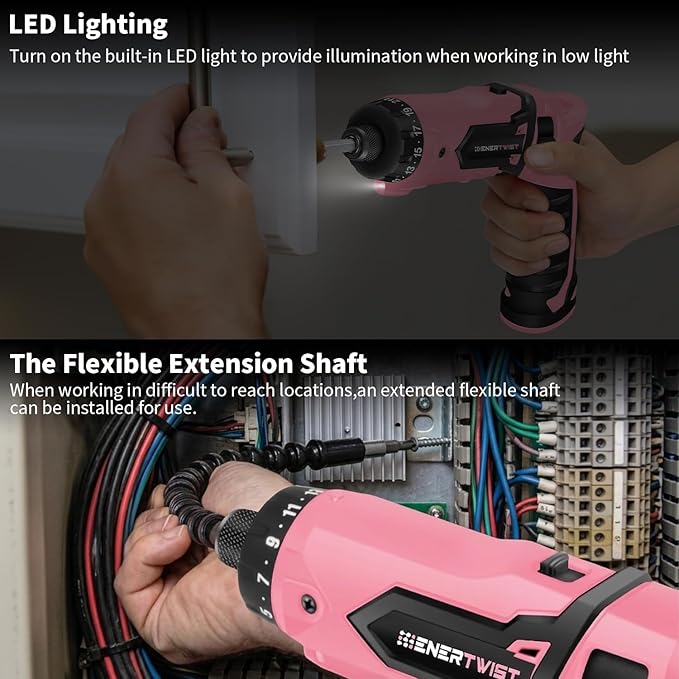 Enertwist Electric Screwdriver, 8V Max 10Nm Pink Cordless Screwdriver Rechargeable Set with 82 Accessory Kit and Charger in Carrying Case, 21+1 Cluth, Dual Position Handle, LED Light