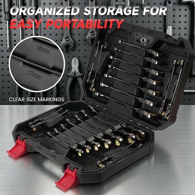22-Piece Ratcheting Wrench Set, Flex Head Combination Wrenches Set with Organizer Box, Metric 8-19mm and SAE 1/4" to 3/4" Size, 12 Points 72-Teeth, Nickel Plating