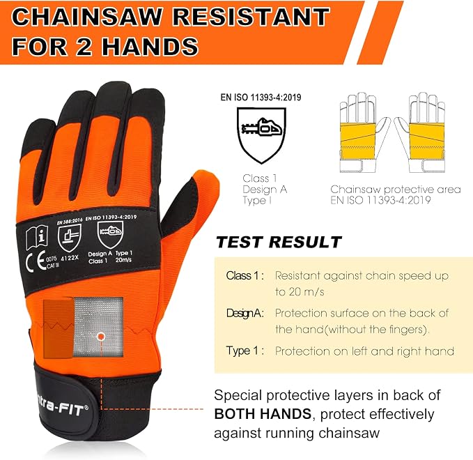 Chainsaw Gloves Saw Protection on Both Hands Back | Cut-Resistant Gloves EN ISO 11393-4, CLASS 1, EN 388: 4122X, CAT III, Module B & Module C2