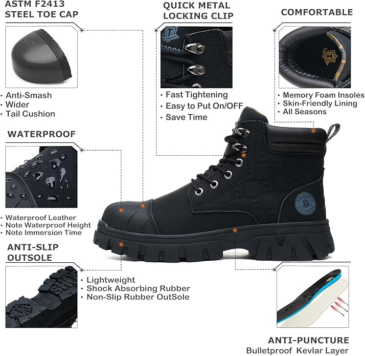 KELODON Waterproof Steel Toe Boots For Men 6 Inch Leather Steel Toe Shoes Non Slip Resistant Safety Work Boots Indestructible Lightweight Construction Boot