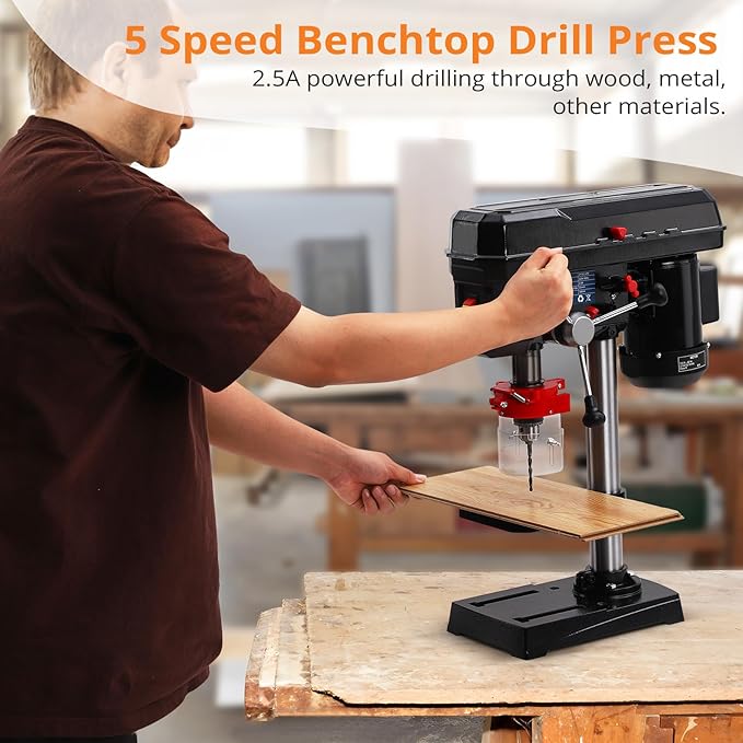 GarveeTech Benchtop Drill Press, 8 in 2.5Amp Bench Drill Press, 5Speed Variable, 0-45° Tiltling Worktable Bench Drilling Machine for Wood Metal