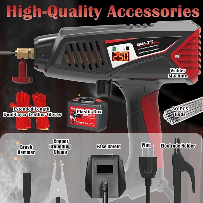 Runtoo Handheld Welder, Welder Machine 110V Hand Held Welder Gun 20-250A, 30 PCS Rods Portable Welding Machine, 1/16"-1/8" Stick Welder, 2-in-1 MMA IGBT Inverter ARC Welder with Digital Display