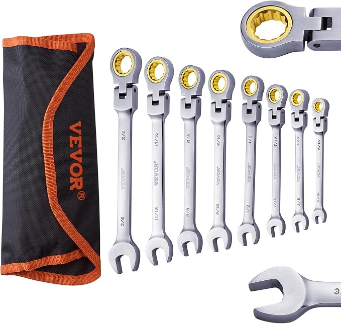 VEVOR Flex-Head Ratcheting Wrench Set, Nickel Plating, 8-piece Flexible Ratcheting Combination Wrench Set with Roll-up Pouch, CR-V, 72 Teeth, SAE 5/16-3/4"