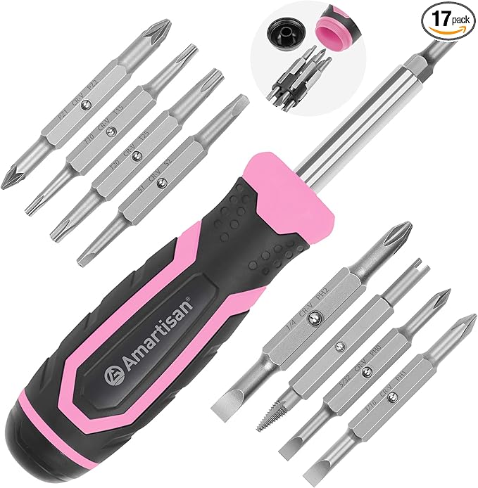 Amartisan 18-in-1 Multi-bit Screwdriver Set Tool All in One, Portable Multi-Purpose Screwdriver, Slotted/Philips/Pozi/Torx/Square,Nut Driver (Pink)