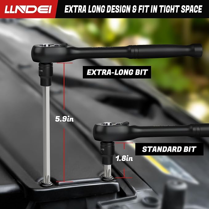 LLNDEI 115Pc Torx & Allen Bit Socket Set 1/4 3/8 1/2" Drive | Extra Long & Tamper Proof Torx, Hex & Ball Hex, S2 Steel, SAE/Metric, Ratchet & Adapters, for Auto, Machinery & Industrial