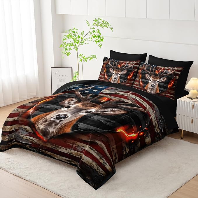 Deer Bedding Sets for Kids Boys Girls Room Decor,Hunting Themed American Flag Queen Comforter Set with Sheets,7Pcs Western Camo Fluffy Comforter Set with Fitted Sheet,Flat Sheet,Pillowcases.