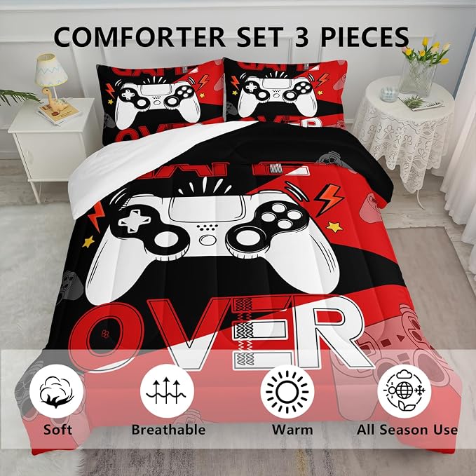 Axolotl Gamer Comforter Set Full, 3Pcs Gaming Gamepad Bedding for Men, Games Console Bedding for Adults Room, Video Game Controller Room Decor Gaming Bed Set 1 Comforter with 2 Pillowcases, Black Red
