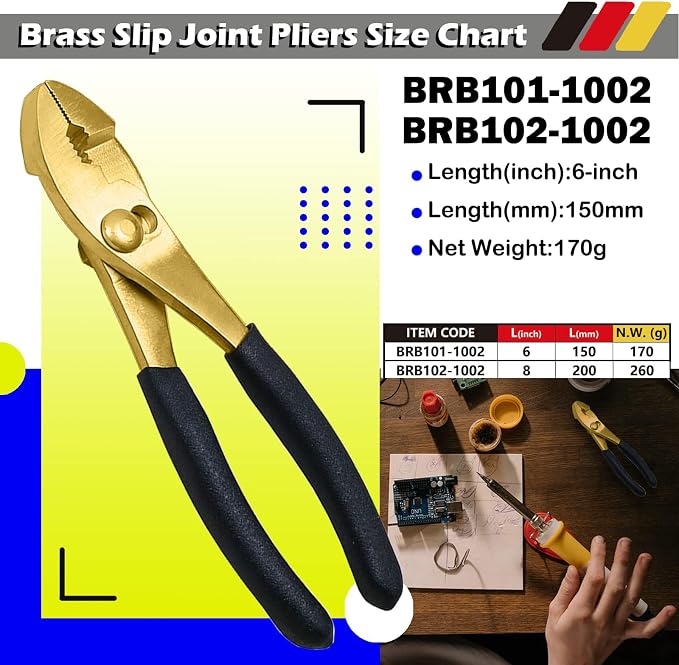WEDO 2PCS Brass Pliers Set - 6" Slip Joint Pliers, 8" Adjustable Combination Pliers with Non-Slip Handle,For Gripping, Loosening Nuts and Bolts, Cutting Steel Wire,Die-Forged,Corrosion Resistant