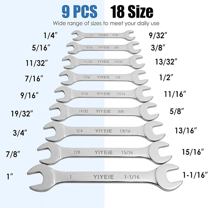 YIYEIE 9Pcs Super-Thin Wrench Set, 3mm Ultra-Slim Open End Wrench Set | SAE 1/4" to 1-1/16", Flat Wrenches for Tight Space, 3mm Thickness, Low-Profile, CR-V Steel, with Mirror Finish