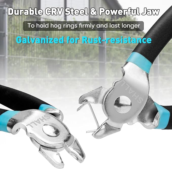 SHALL Bent Hog Ring Pliers Kit with 600pcs Galvanized Hog Rings (3/8’’, 1/2’’, 3/4’’) for Upholstery, Fence, Animal Pet Cages, Bungee Cords, Bagging, Protective Gloves, Storage Case & Bag Included