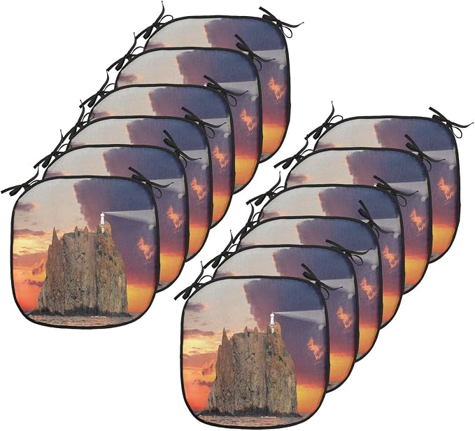 Lunarable Lighthouse Chair Cushion Pads Set 12, Stromboli Lighthouse Italy Mediterranean Colorful Cloudy Sky Cloudscape, Anti-Slip Seat Padding for Kitchen & Patio, 16"x16", Brown Orange Blue