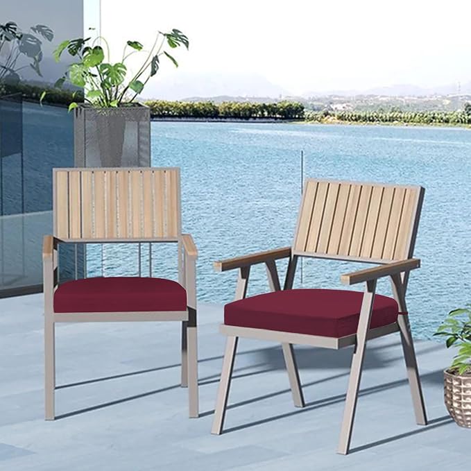 Cozyide Outdoor Chair Cushions, Waterproof Patio Seat Cushions with Adjustable Straps, Round Corner Patio Chair Cushions for Garden, Burgundy, 17x16x2 Inch (Pack of 2)