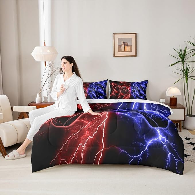 Erosebridal Gaming Comforter Set 7-Piece Bed in a Bag Twin, Gamer Bedding Sets Video Game Consoles Comforter and Sheet Set, Red Blue Lightning Room Decor,Gaming Decor for Boys Bedroom