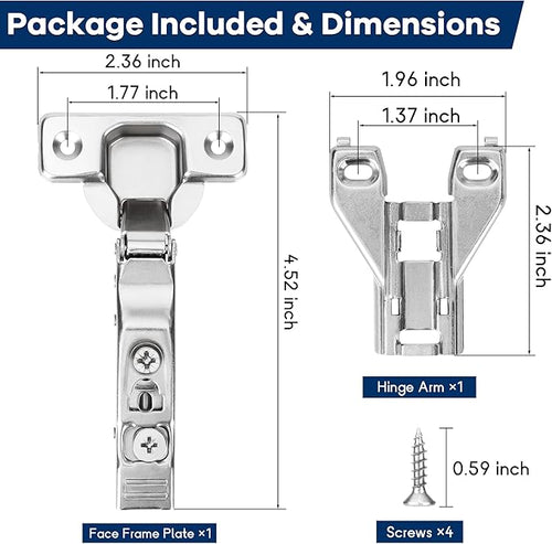 10 Pack 1/2'' Overlay Face Frame Soft Close Hidden Cabinet Hinges, 105 Degree 3D Adjustable Clip On Plate Concealed Kitchen Cupboard Door Hinges with Screws