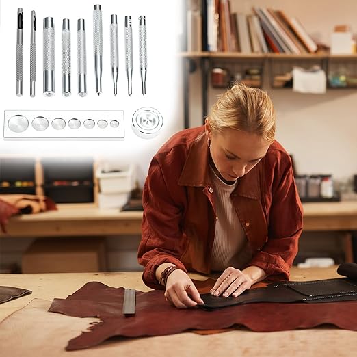 QWORK Punch Tool Punch Snap Kit, Set of 11 Pcs Stainless Steel Rivet Setting Tool, Round Hole Punch Die Tool