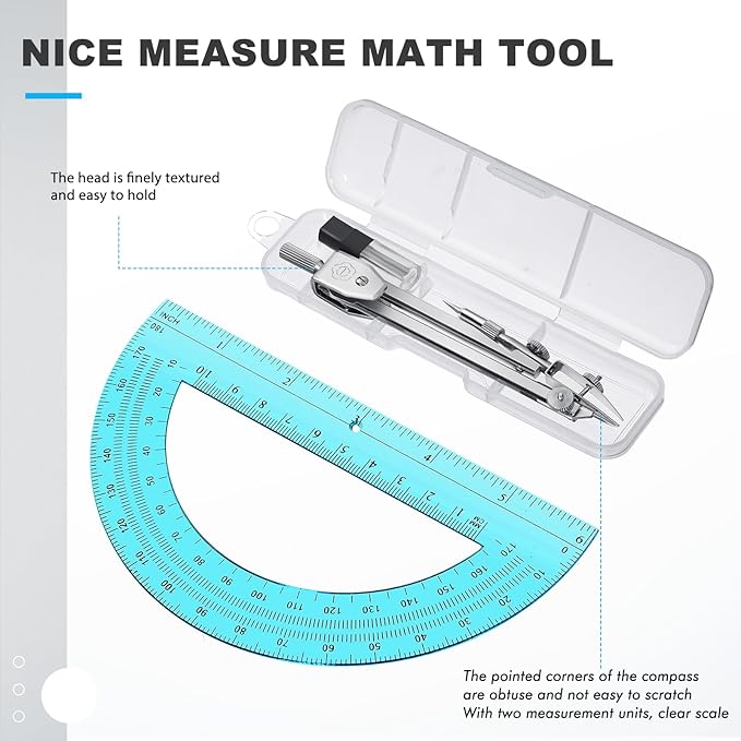 Zonon Student Protractor and Compass Set, Student Geometry Math Set, Compass for Geometry and 180 Degree 6 Inch Protractor for Drawing Measuring School Office(1 Pcs,Blue)