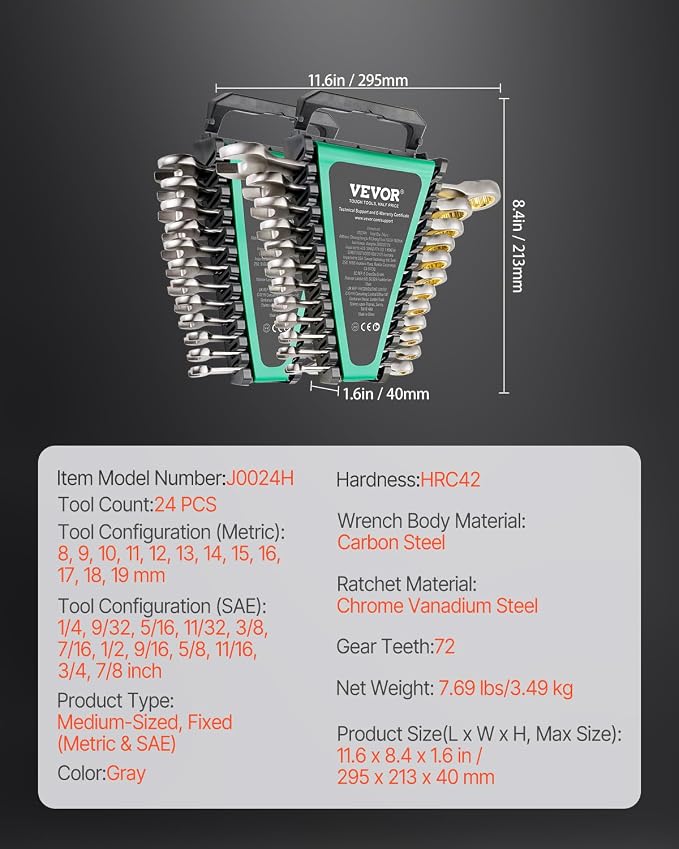 VEVOR 24-Piece Ratcheting Wrench Set, Ratchet Combination Wrench Set with Organizer, Nickel Plating, 72-Tooth, CR-V, Metric 8-19mm & SAE 1/4-7/8"