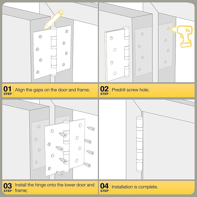 KOLET Ball Bearing Gold Door Hinges, 4 x 4 Inches Square Door Hinges Satin Gold, Square Corner, Stainless Steel Hinges, Heavy Duty, Smooth and Non Removable Pin, 6 Pack