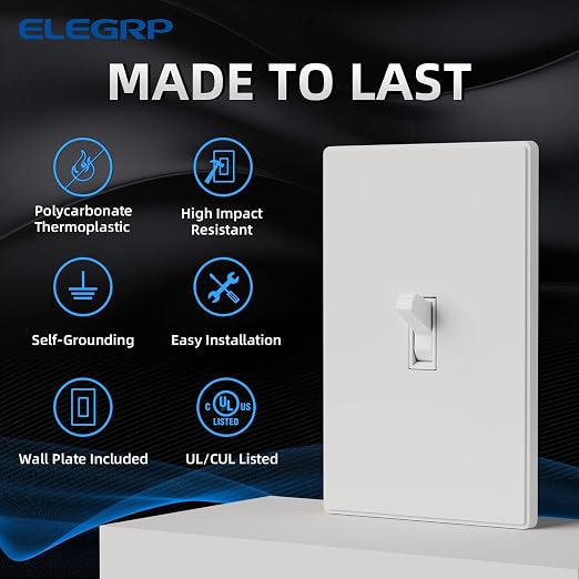 ELEGRP 3 Way Glossy Toggle Light Switch with Matte Mid Screwless Matte Plate, 15A 120V, Toggle Framed AC Quiet Switch, In Wall On/Off, Self-Grounding, Residential Grade, UL (5 Pack, White)