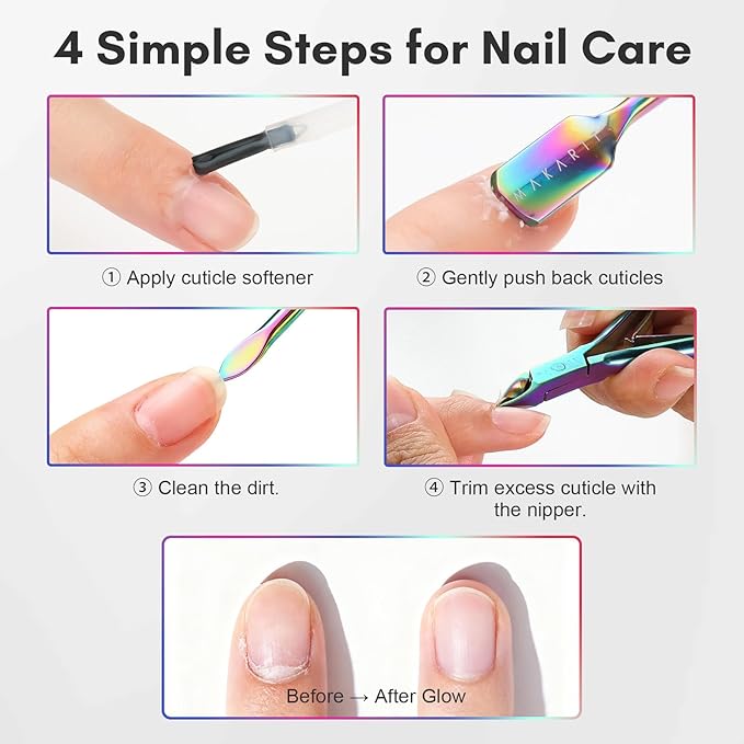 Makartt Cuticle Trimmer with Cuticle Pushers: Cuticle Nipper Professional Manicure Pedicure Set, Stainless Steel Cuticle Remover Kit with Dual End Nail Pusher & Scraper (Rainbow Titanium, 3 PCS)