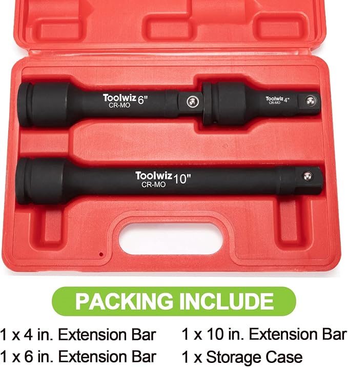 Toolwiz 3/4" Drive Impact Extension Bar 4", 6", 10" (3 Piece) Cr-Mo Steel | Expand Range of Impact Drivers, 3/4 inch Ratchet Wrench Extension Bar Socket Set Organized in Heavy Duty PVC Box, Black