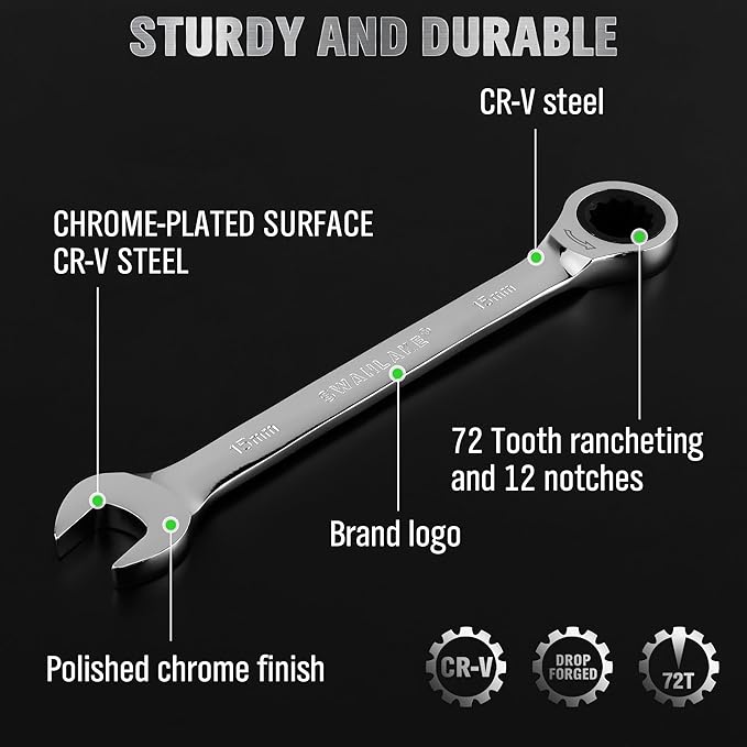 24-Piece Combination Ratchet Wrench Set, Metric (6-18mm) & SAE (1/4''-3/4'') Wrenches Set, 12-Point 72-Tooth Ratchet Spanners with Magnetic Base Organizer, Chrome Vanadium Steel for Auto Mechanic Tool