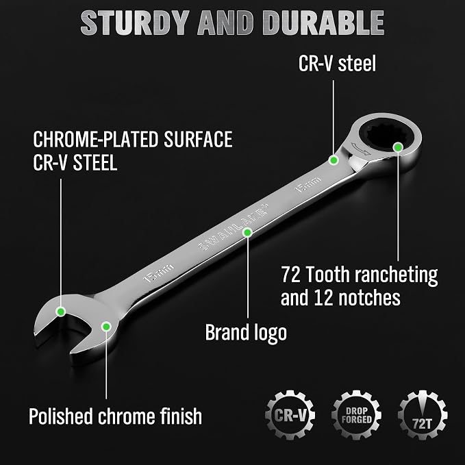12-Piece Ratchet Wrench Set, Metric 6-18mm Ratchet Combination Wrenches Set, 12-Point 72-Tooth Ratcheting Spanners with Magnetic Base Organizer, Chrome Vanadium Steel for Automotive Mechanic Tool