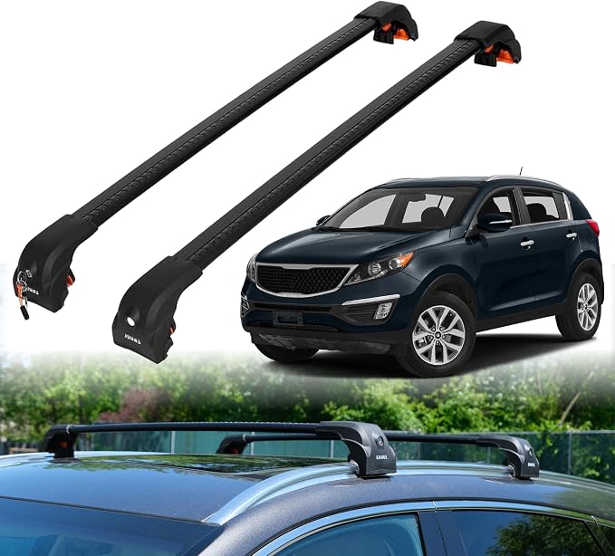 ERKUL Heavy Duty Roof Rack Cross Bars for Kia Sportage 2011-2016 | Upgraded Aero Aluminum Crossbars with Smart Clamp System | Compatible with Flush Rails - Black