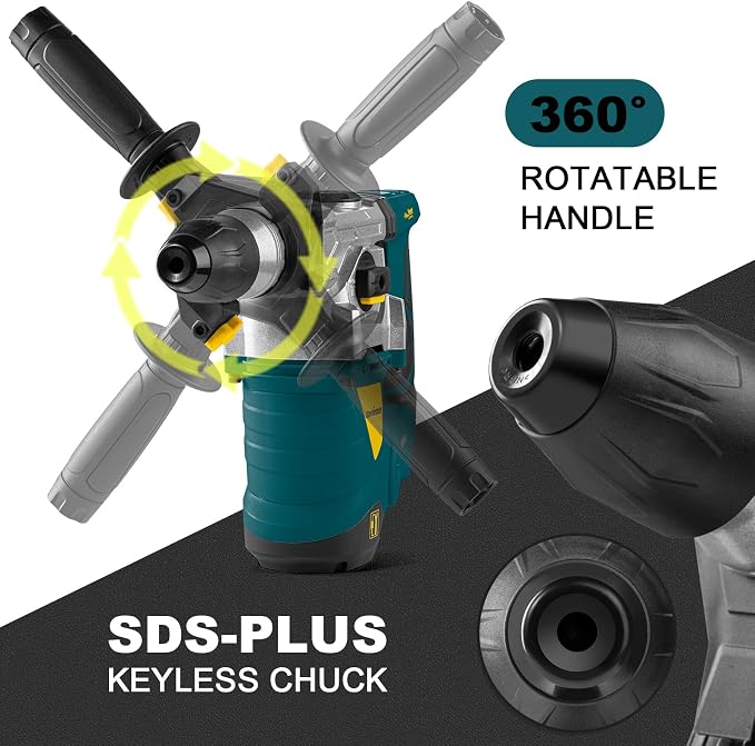 Enventor 1-1/4 Inch SDS-Plus 13A Heavy Duty Rotary Hammer Drill for Concrete Stone, Safety Clutch Electric Demolition Hammer Drill with 4 Functions, Vibration Control, Chisels, Drill Bits, Blue