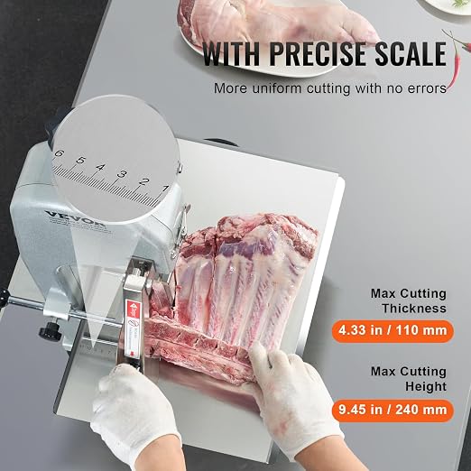 VEVOR Commercial Electric Meat Bandsaw, 650W Stainless Steel Countertop Bone Sawing Machine, Workbeach 12.4" x 18.1", 4.33 Inch Max Cutting Thickness, Frozen Meat Cutter for Rib Pork Beef