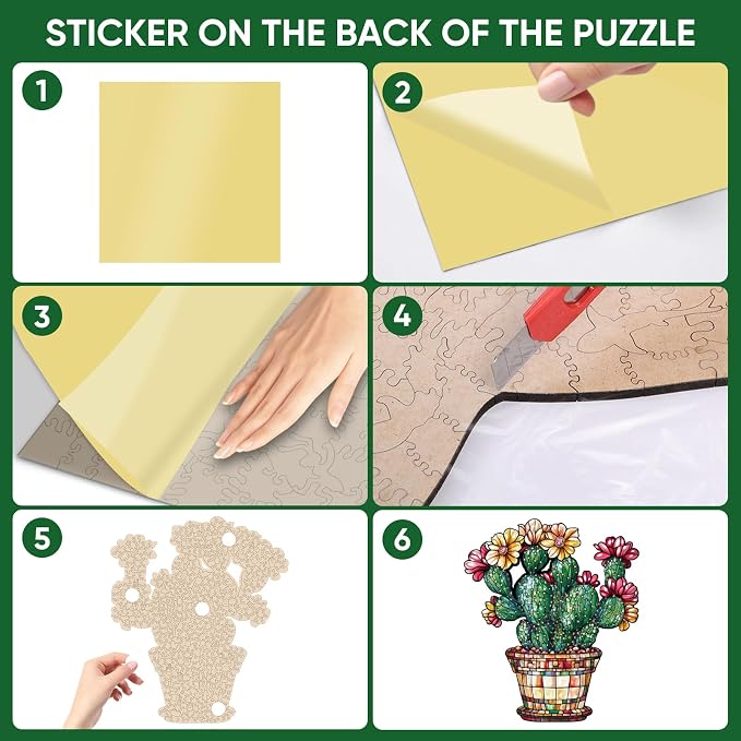 Delobil Stained Glass Cactus Wooden Puzzles for Adults, 200 Pieces Jigsaw Puzzles, Unique Shaped Medium Size Wood Puzzle Gift for Adults and Kids, Family Game 11.3'' x 13.2''