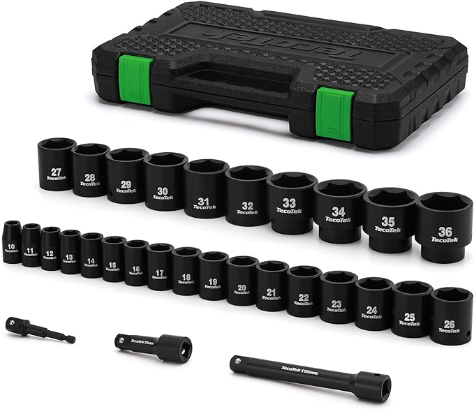 TecoTek 30 Pieces 1/2-Inch Drive Shallow Metric Impact Socket Set, Cr-Mo, 10mm to 36mm, No Skipped Sizes, 6 Point, Includes Extension Bars, Drill Socket Adapter 1/2"