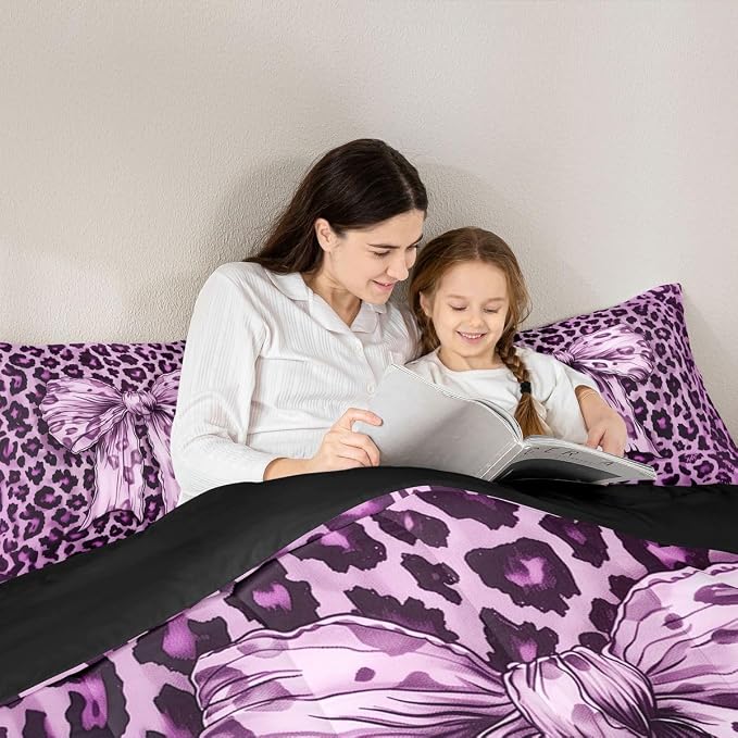 Feelyou Leopard Print Kids Comforter Set King Size Purple Cheetah Print Bedding Set Bowknot Duvet Quilt for Kids Boys Girls Bedroom Decor Microfiber Ultra Soft Breathable