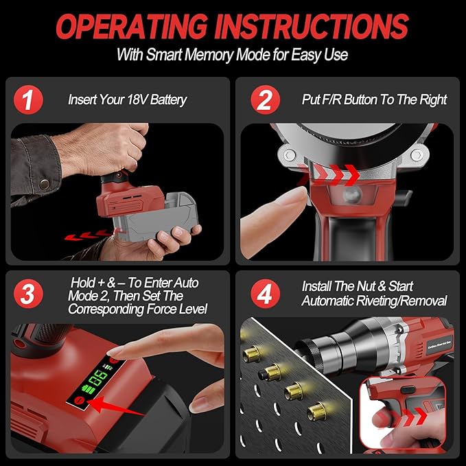 Cordless Rivet Nut Gun for Milwaukee 18V Battery, Electric Rivet Nut Tool with 1/4", 5/16", 3/8" Nut Head, Portable Battery Powered Rivetnut Tool, Auto Mode & Memory Mode, Tool Only