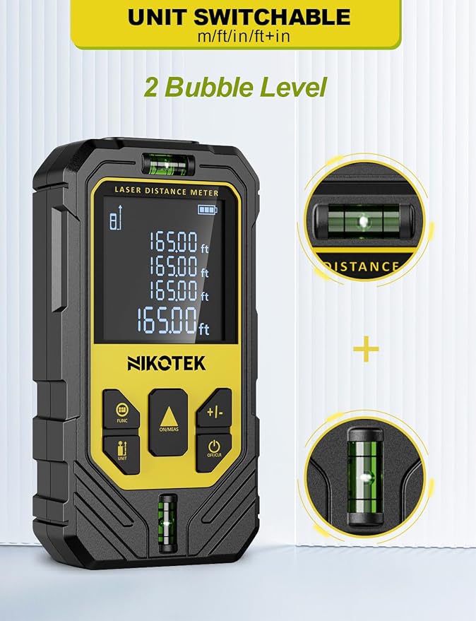 Laser Measure, NIKOTEK Laser Distance Meter with 2 Bubble Levels and LCD Backlit, for Pythagorean Mode, Measuring Distance, Area, Volume