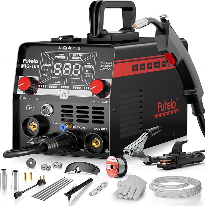 160A MIG Welder, 4 in 1 Gas/Gasless MIG Flux Core/Lift TIG/Stick Welder Machine 110V 220V with Large LED Display, Portable IGBT Inverter with Synergy for Metal Repair and Beginners