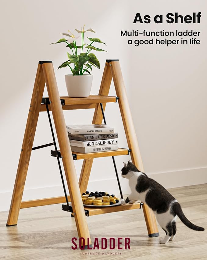 SOLADDER 3 Step Ladder, Folding Aluminum 3 Step Stool with Anti-Slip Wide Sturdy Pedal, Multi-Use for Home and Kitchen Use, Space Saving-Woodgrain(300 lbs Capacity)